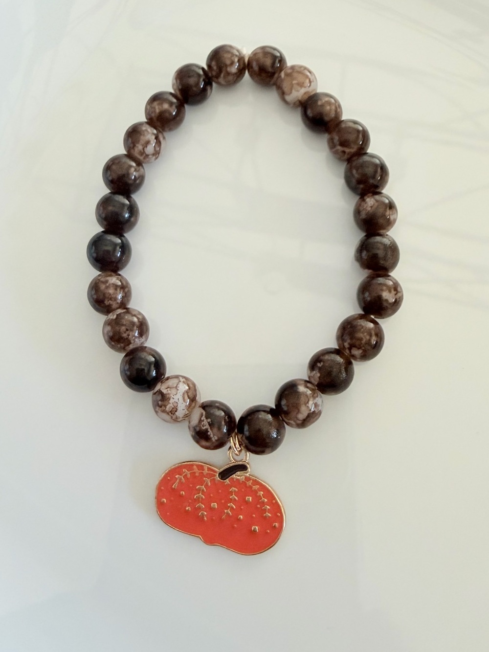 Fall Pumpkin Charm Brown Beaded Stretch Bracelet Handmade Jewelry
